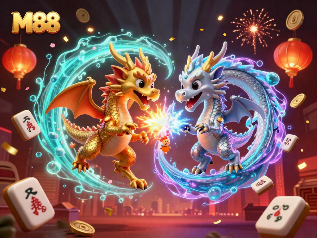 M88-themed illustration featuring gold and silver dragons, dynamic gaming elements, and vibrant atmosphere.