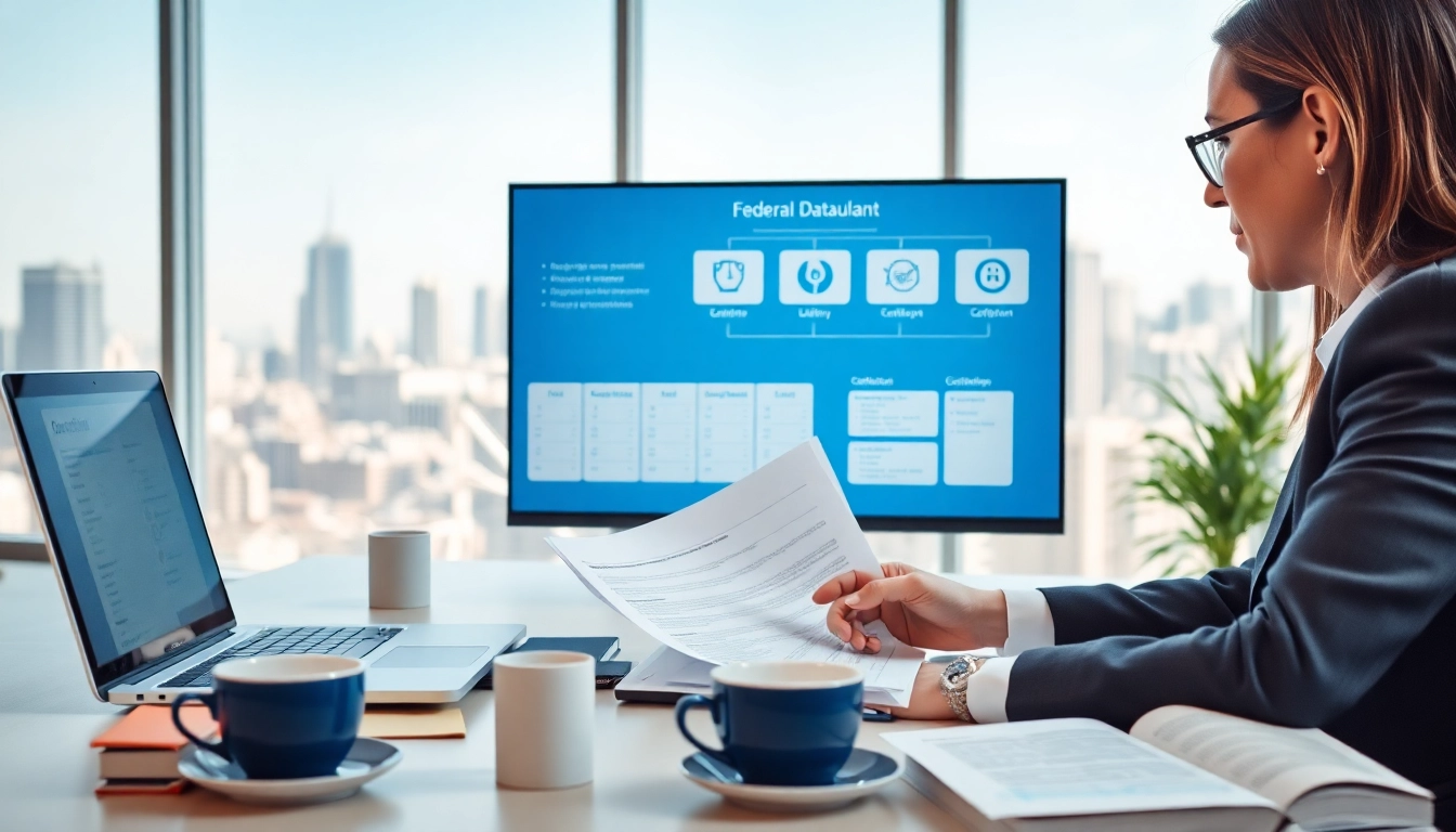 Consultant navigating registration and certification in Federal databases with analytical tools in a bright office.