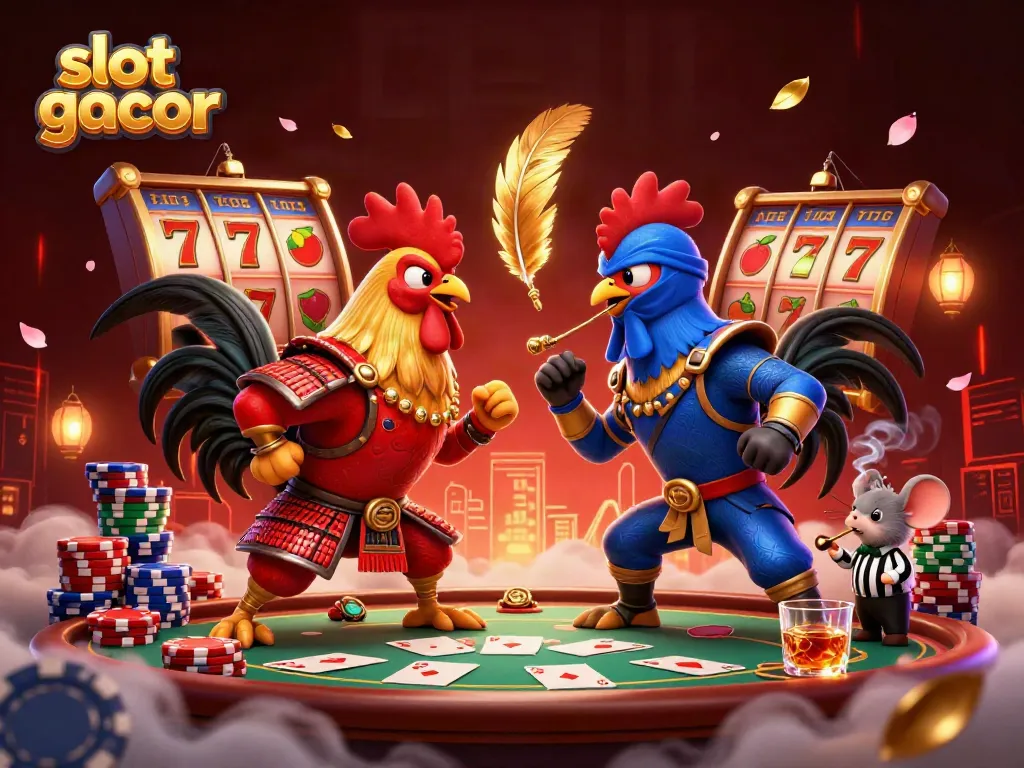 Engage in the excitement of slot gacor with dynamic roosters, poker chips, and spinning reels.