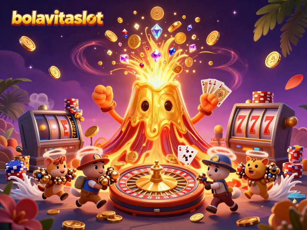 Experience the excitement of bolavitaslot with a triumphant volcano erupting coins and gems, showcasing a vibrant casino scene.