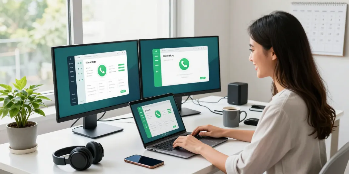 Setting up WhatsApp電腦版 on a modern workstation with dual screens and a laptop.