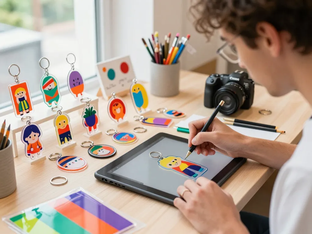 Custom acrylic keychain design process in vibrant workspace with colorful materials.