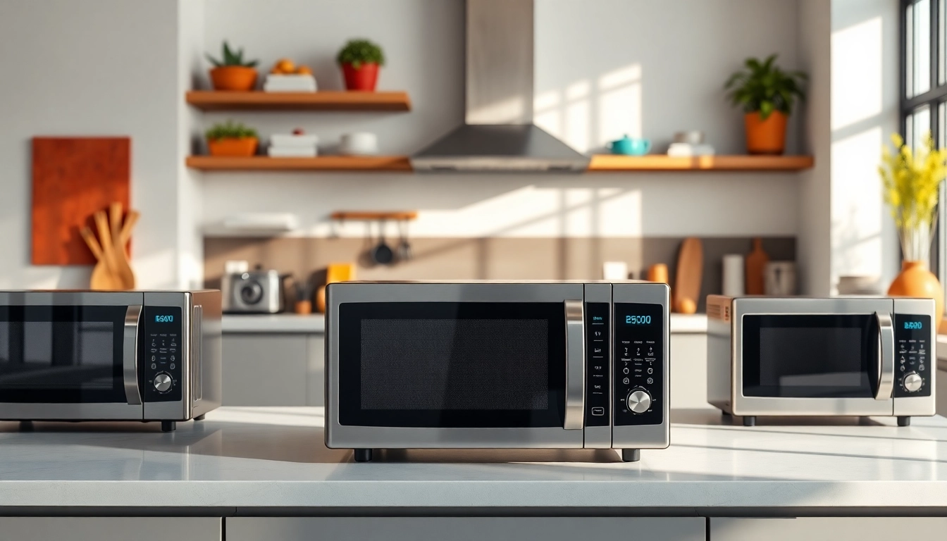 Showcasing diverse Microwave Oven Sales with modern designs in a stylish kitchen environment.