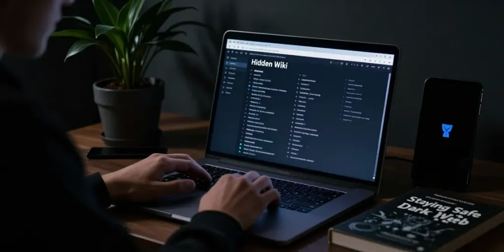 Accessing the hidden wiki on a laptop with dark web themes in a cozy, mysterious ambiance.