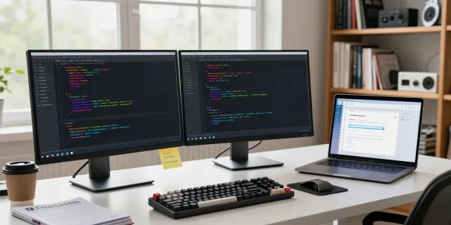 A programmer using Notepad++ in a modern workspace with dual monitors and vibrant code syntax highlighting.