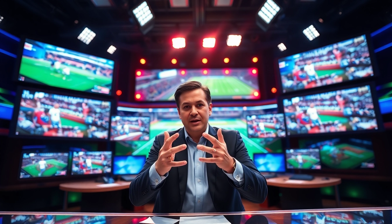 Sports Broadcasting studio with a dynamic analyst engaging live, showcasing excitement in coverage.