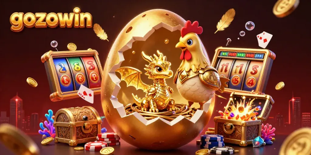 Experience big wins with gozowin in this vibrant 3D illustration of a golden dragon and poker chips.