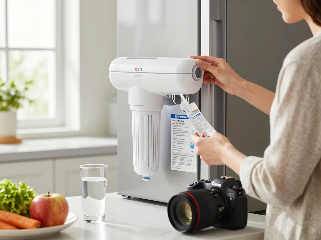 Waterdrop Alkaline LT1000PC ADQ747935 Replacement for LG® LT1000P®/PC/PCS ThinQ® Refrigerator Water Filter installation in a bright kitchen setting.