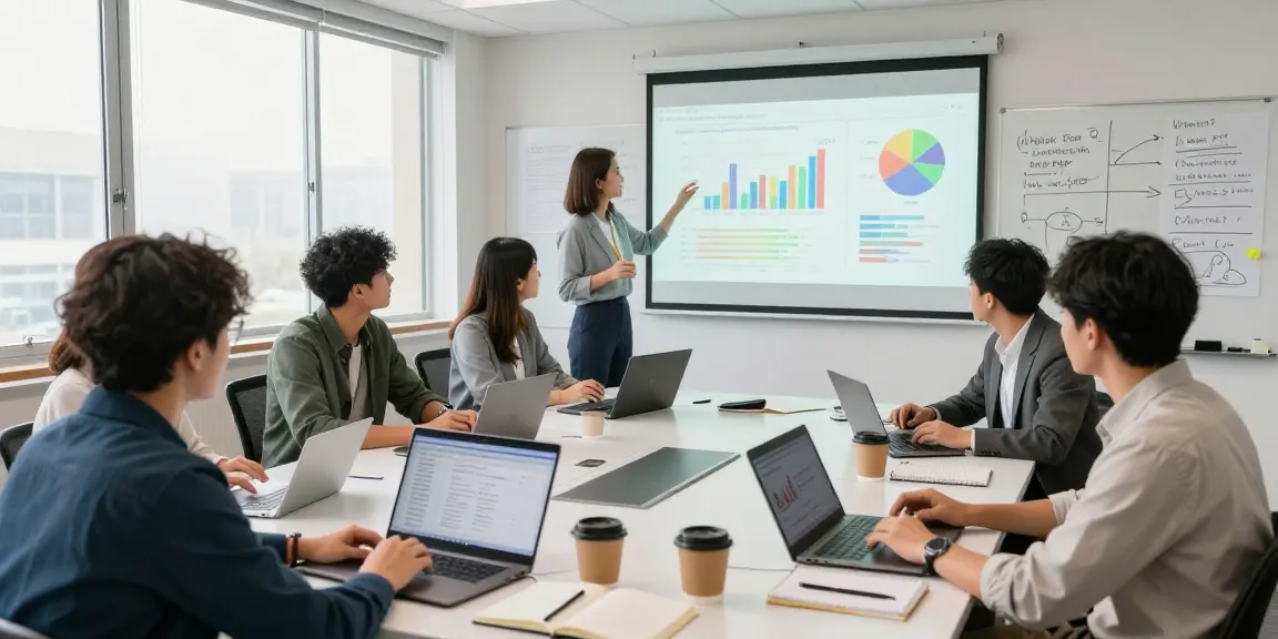 Engaged professionals analyzing campaign performance analytics data during a digital marketing workshop, showcasing collaboration and strategy.