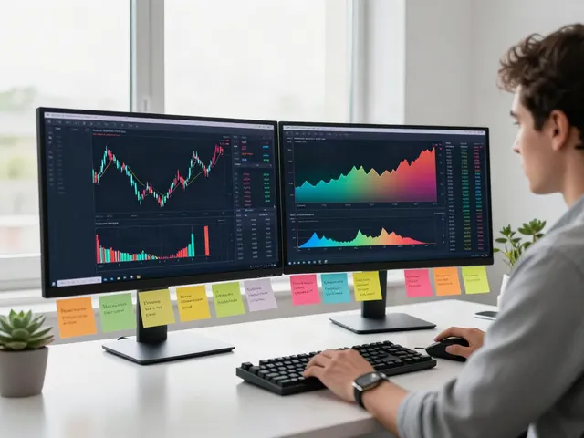Focused trader using TradingView on dual monitors in a modern office.