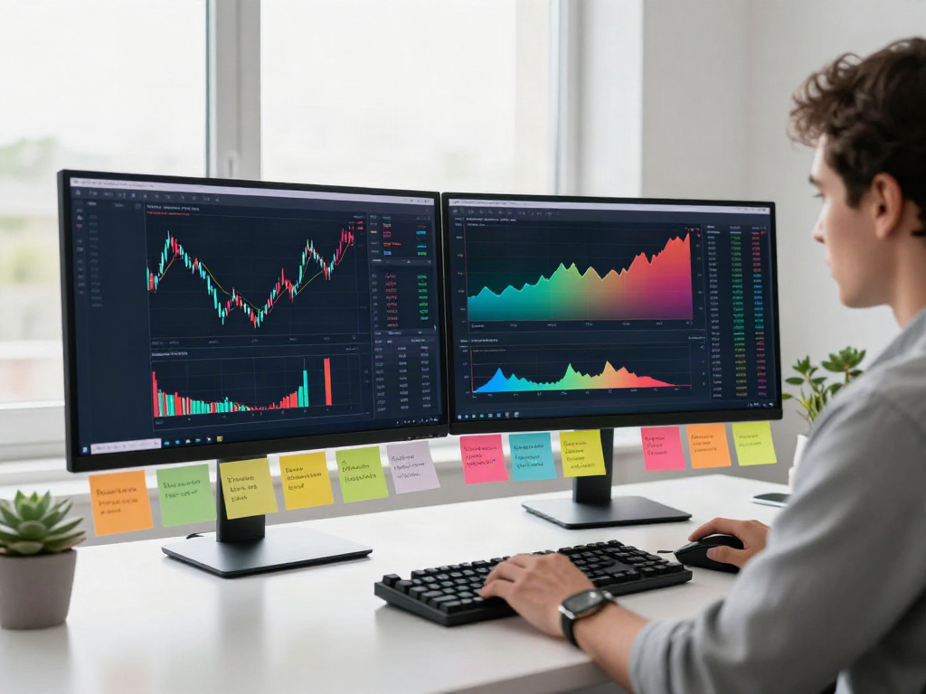 Focused trader using TradingView on dual monitors in a modern office.