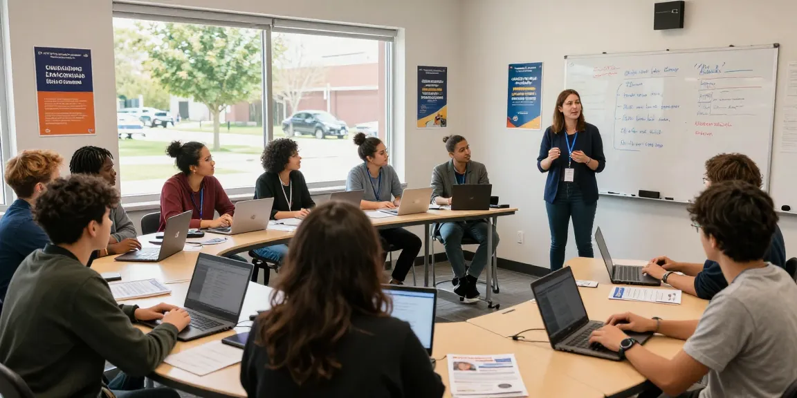 Young adults discussing school leaver jobs in an interactive workshop setting, filled with laptops and career advice materials.