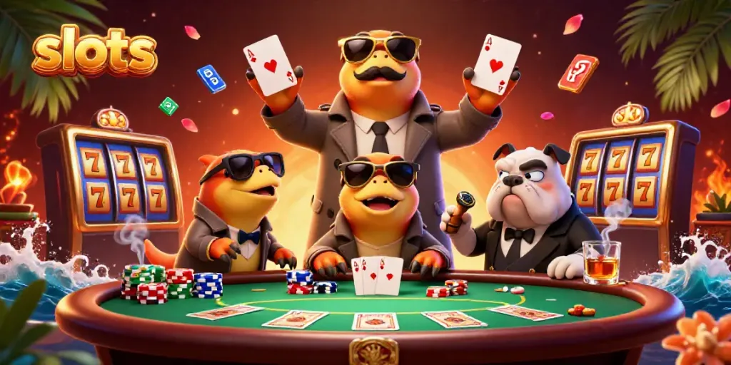Engaging scene of three raptors as a tall person entering a casino, showcasing slots and poker elements.