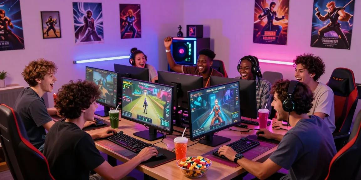Friends enjoying smash or pass ai game in a lively gaming den with vibrant snacks and colorful decor.