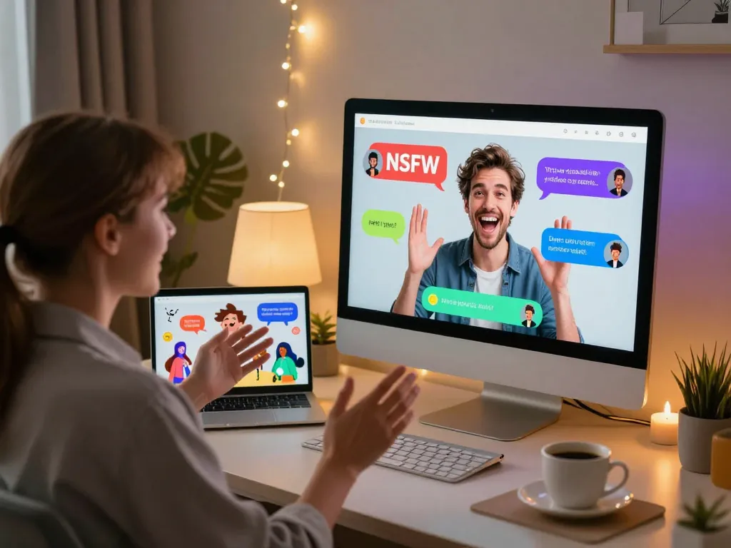 Engaging ai chat porn session with playful characters in a cozy virtual workspace.