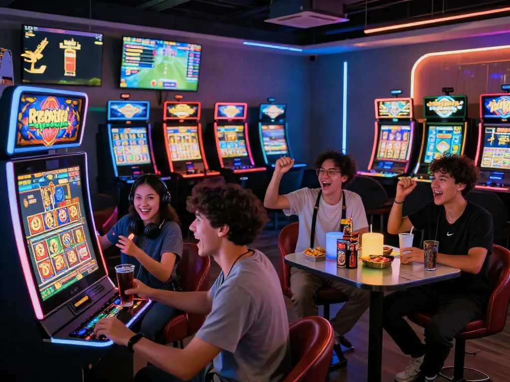 A group of players enjoying a thrilling slot game experience in a vibrant gaming lounge, celebrating a jackpot win with colorful slot machines and a lively atmosphere.