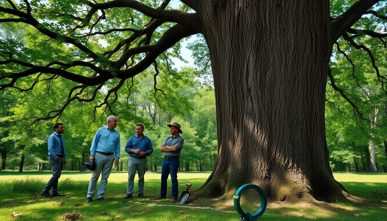 Tree Consultancy team inspecting tree health in a vibrant forest setting