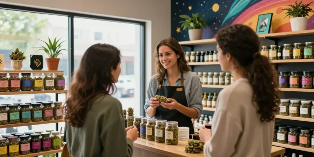 Alien labs dispensary featuring a vibrant product display and welcoming atmosphere with a knowledgeable staff.