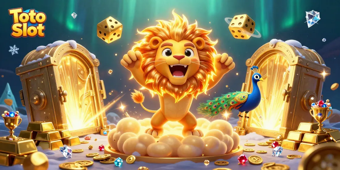 Toto Slot adventure featuring a roaring sun lion surrounded by golden dice and treasures in a rich casino setting.