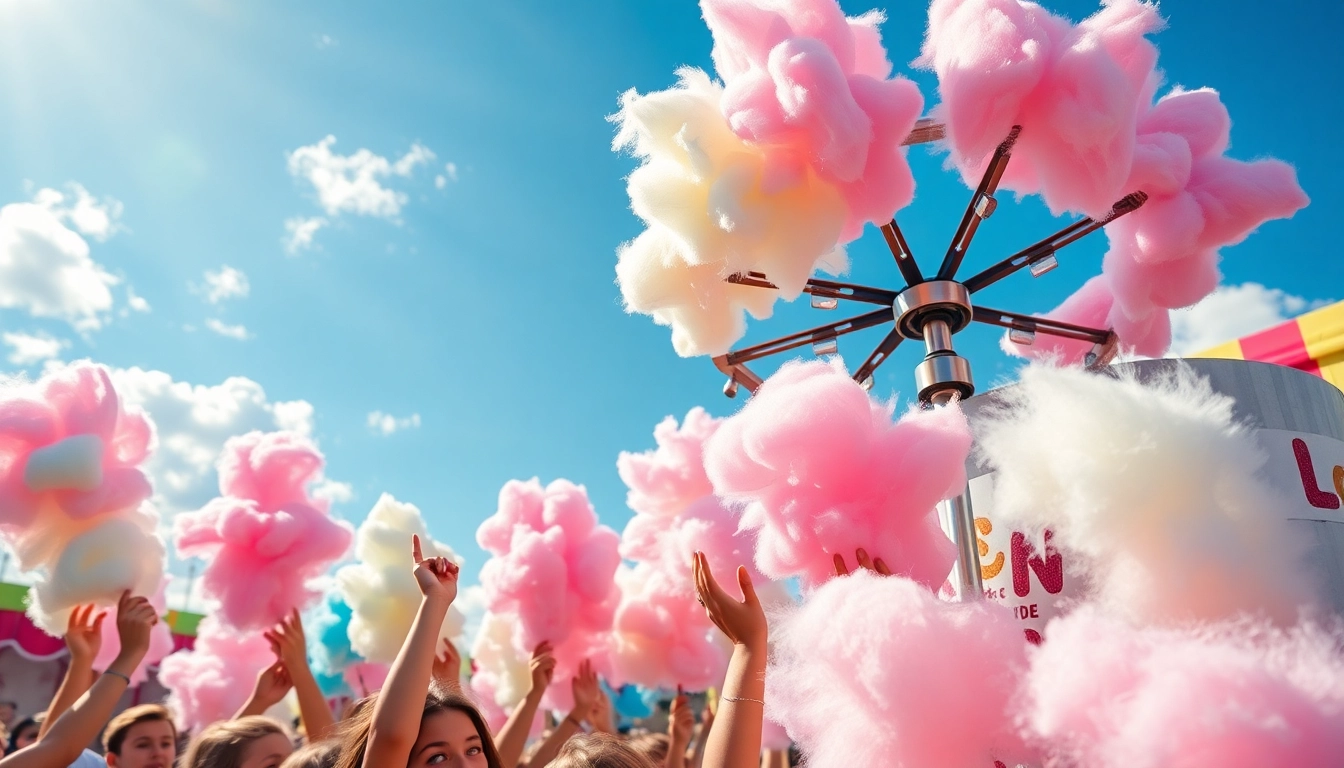 Wafel katoen wordt kleurrijk gepresenteerd op een levendig feest met blije kinderen.