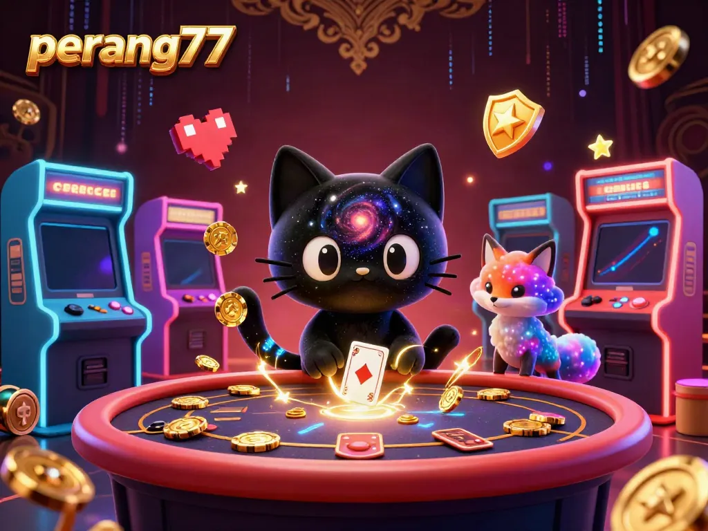 Permainan peran77 yang menarik dengan kucing hitam berputar menarik chip emas di meja kasino.
