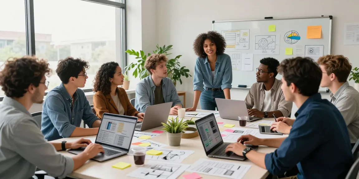 Team collaboration around a mixboard in a modern office, showcasing vibrant discussions and innovative ideas.