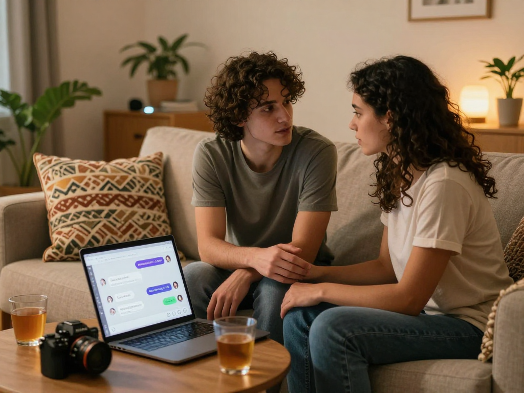 Engaged couple using sex AI chat on a laptop in a cozy living room.