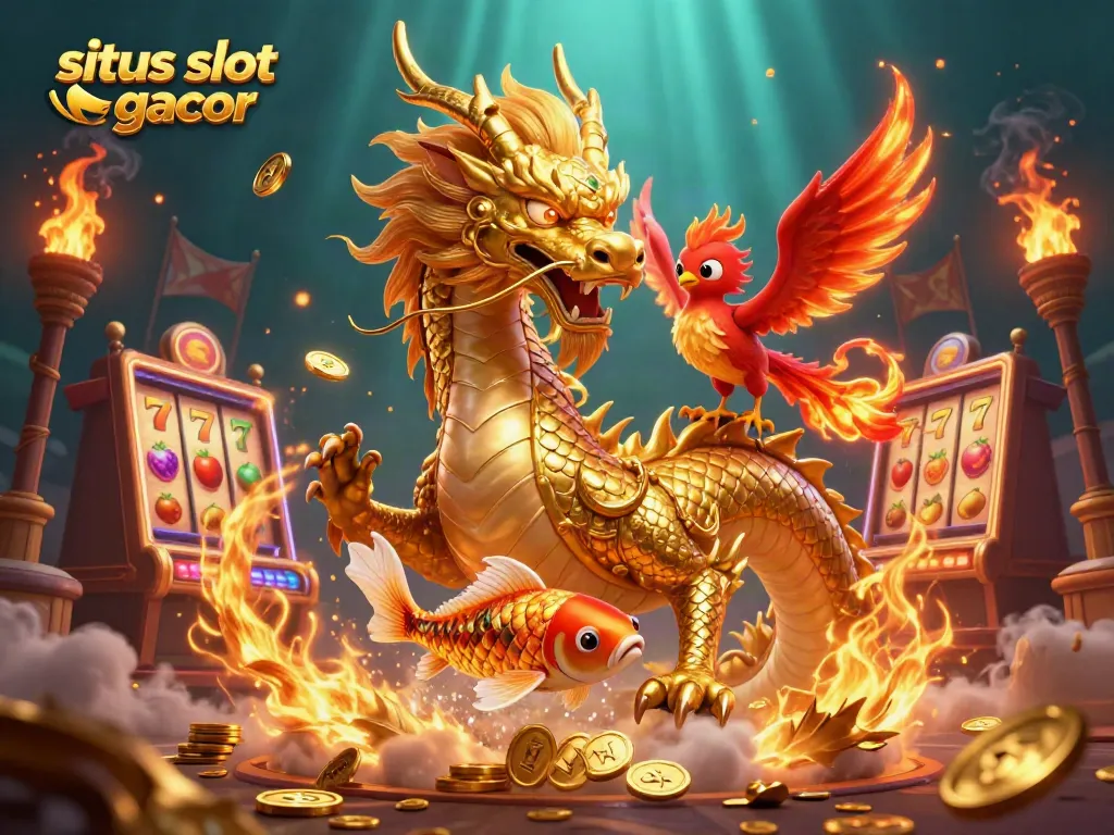 Memenangkan permainan di situs slot gacor dengan tampilan menyerupai naga emas berkilau dan ikan koi.