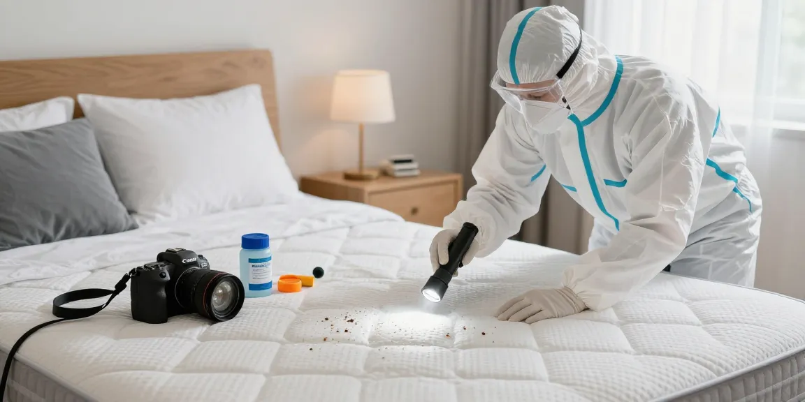 Bed bug exterminator inspecting a mattress for bed bugs in a bright bedroom, showcasing safety and professionalism.