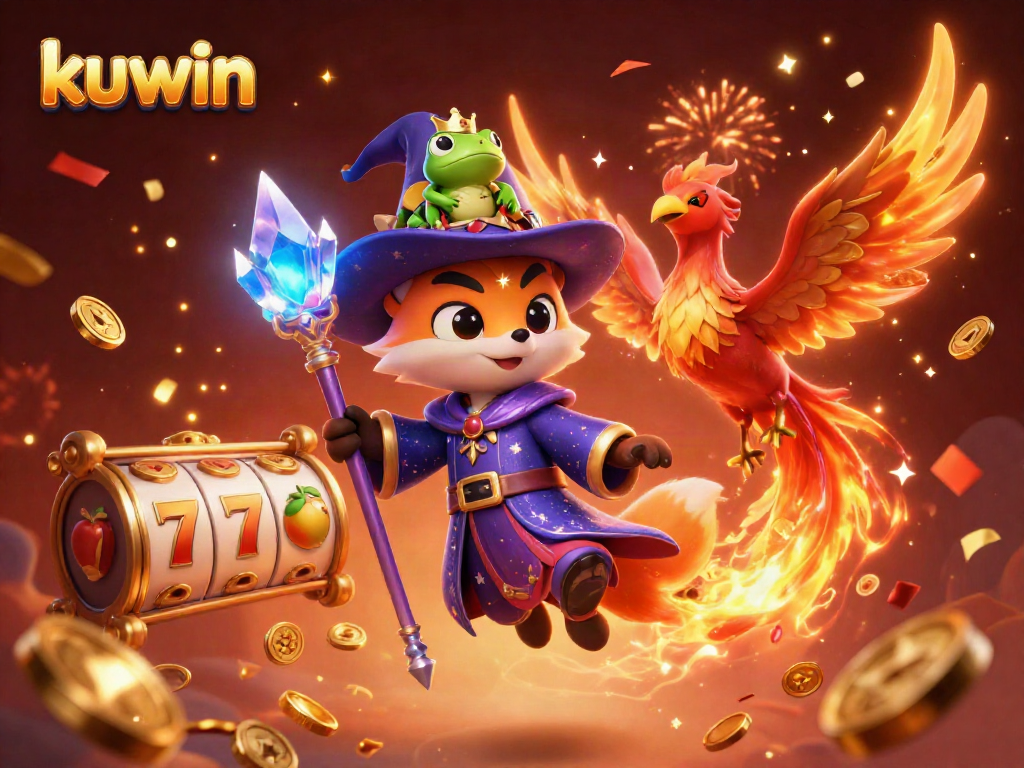 Kuwin showcases a magical scene with a wizard fox and phoenix amid slot reels and golden coins.