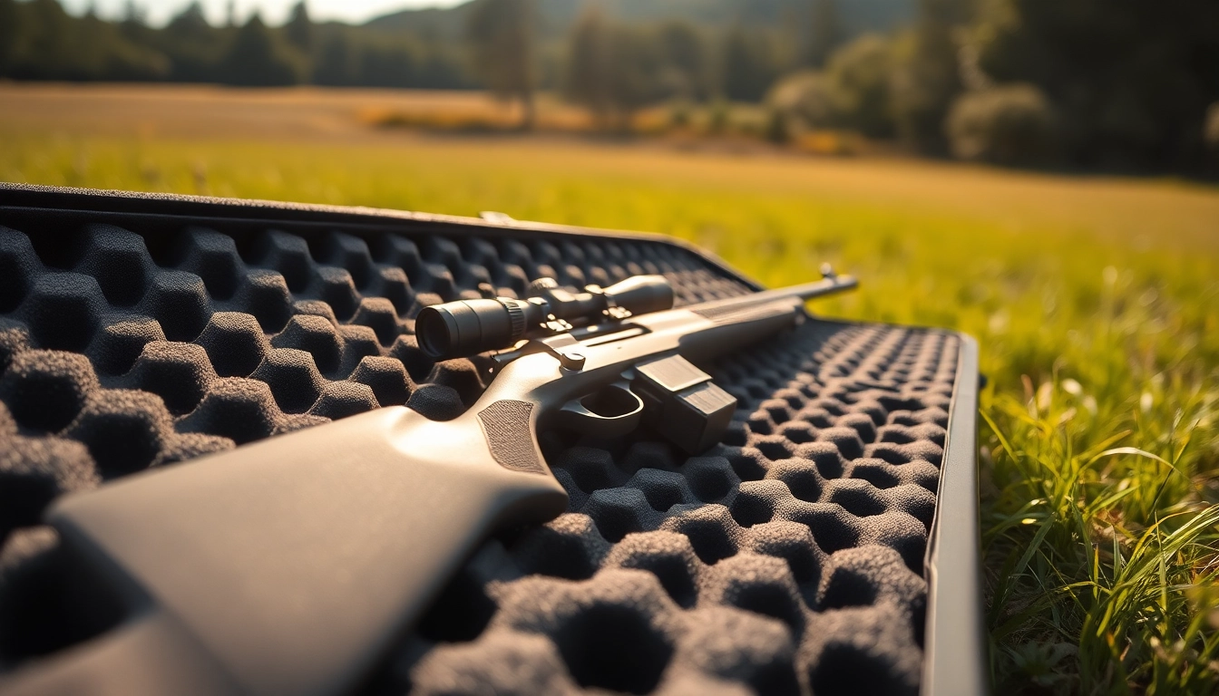Showcasing foam for rifle case with a rifle securely nestled inside its padding in a sunlit open field.