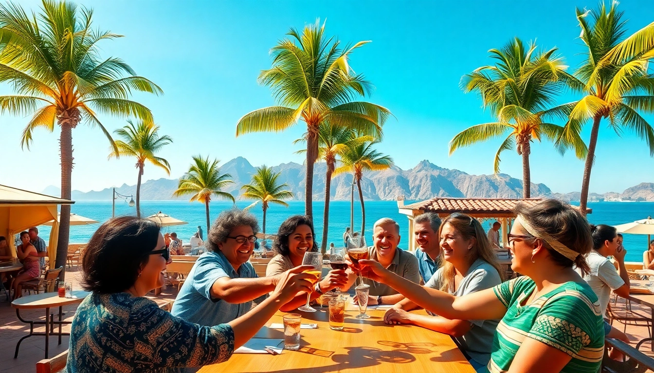 Friends celebrating while living in Cabo as an expat at a beachside café, showcasing community and joy.