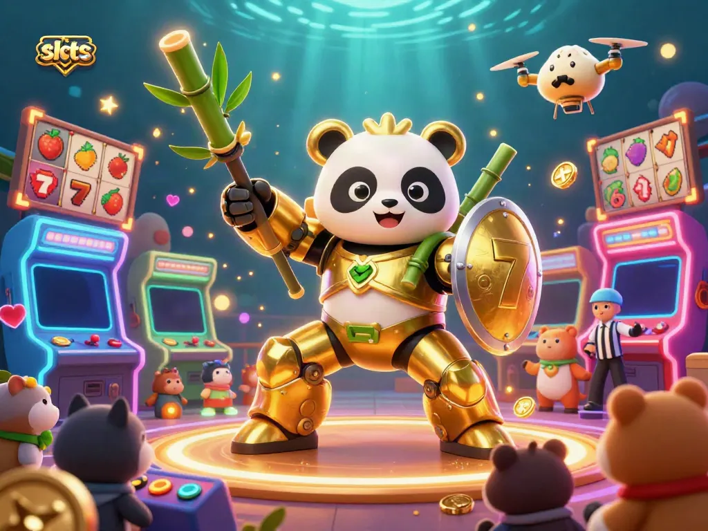 Experience thrilling slots with a golden panda piloting a robot in a vibrant, action-packed casino scene.