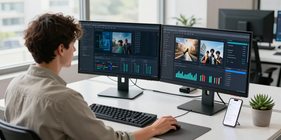 Free AI image detector workspace with professional analyzing data on dual monitors in a bright office.
