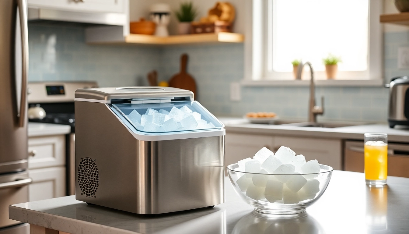 Use affordable ice maker to create refreshing beverages in a modern kitchen setting.