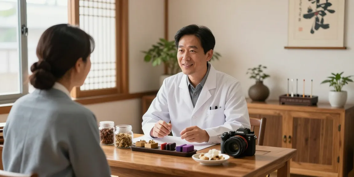 Patient consultation at 수원한의원, showcasing caring approach and herbal remedies.