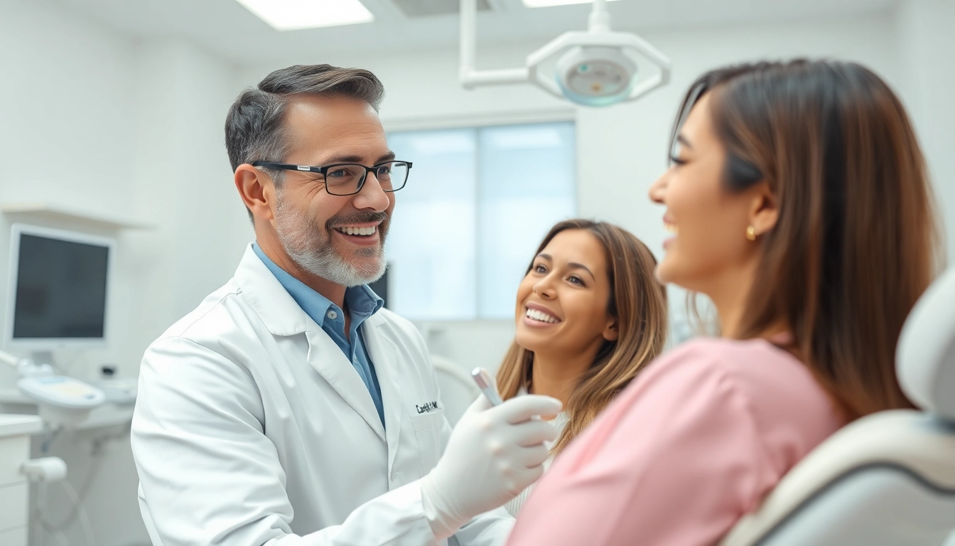 Dentist consulting with a patient in a modern dental clinic, showcasing care and professionalism.