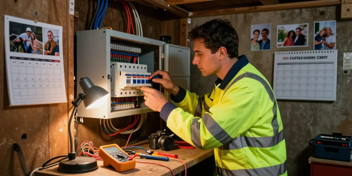 Emergency electrician checking circuit breaker; learn more about electrical safety.