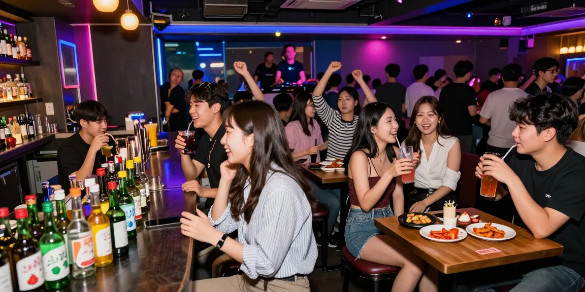 상봉동 한국관나이트 friends enjoying vibrant nightlife at Korean club with drinks and appetizers