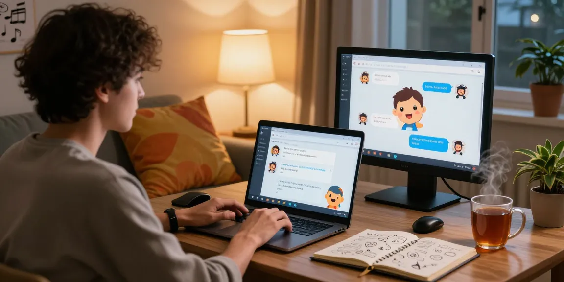 Engaging user enjoying spicy chat with AI in a cozy, colorful room.