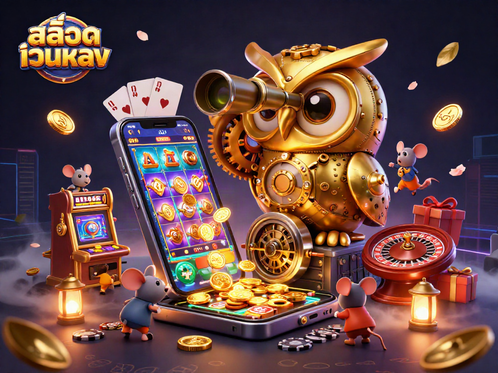Engage with สล็อตเว็บตรง as a golden owl and wind-up mice explore a vibrant casino scene.