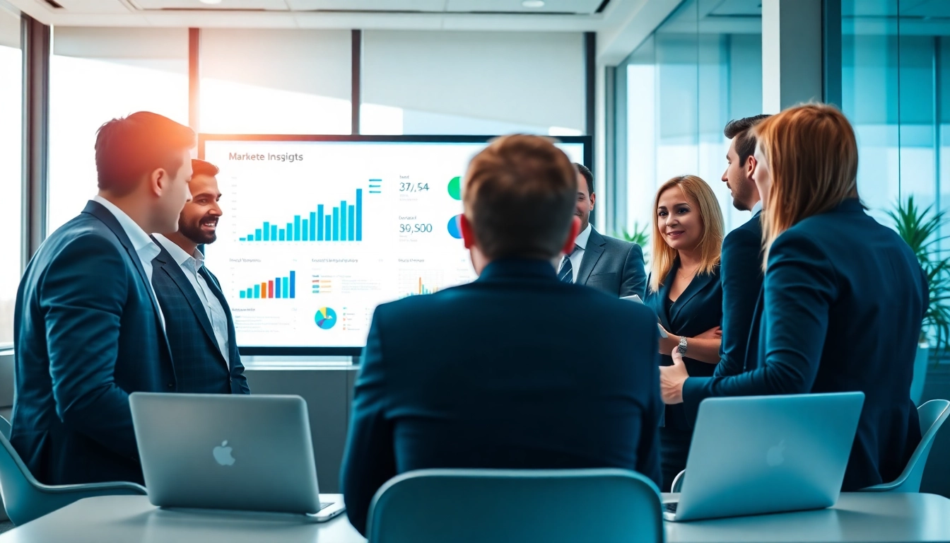Enhance competitive intelligence for sales with professionals analyzing data insights in a modern office.