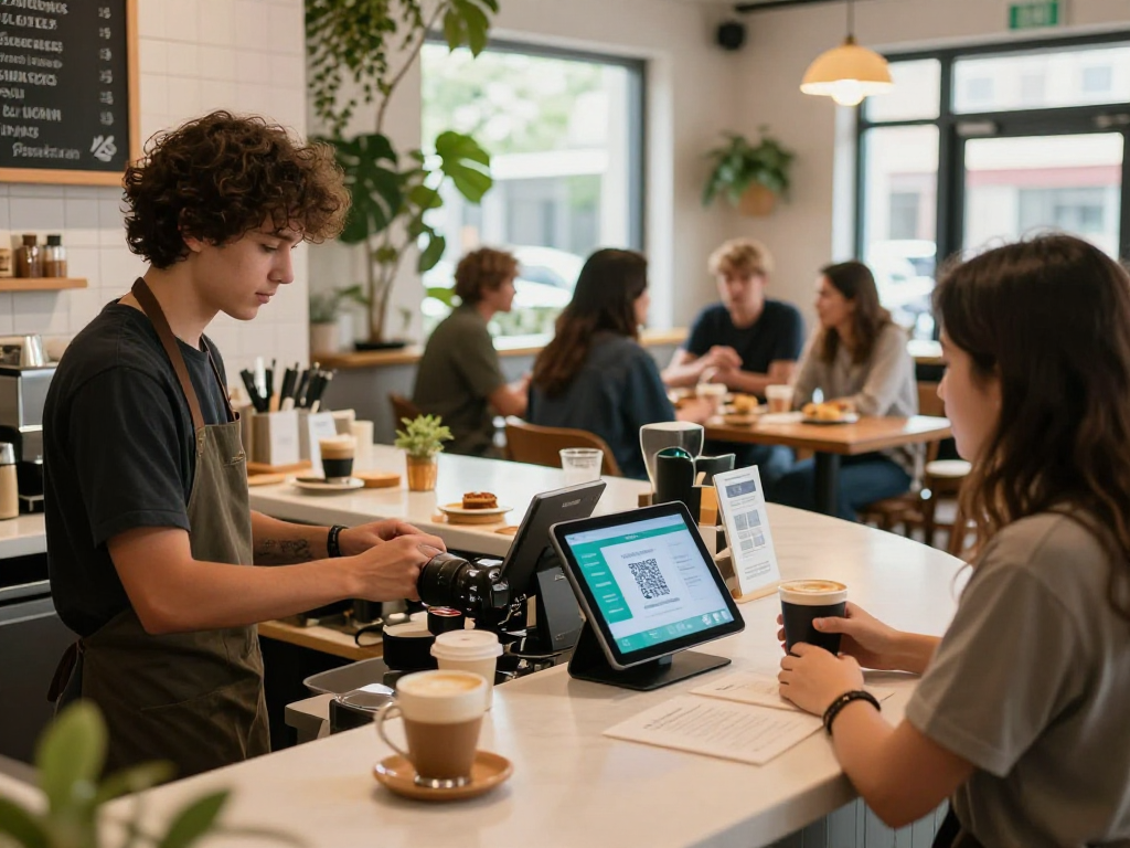 Customers engaging with a loyalty program QR code at a bustling café, showcasing the benefits of a loyalty program.