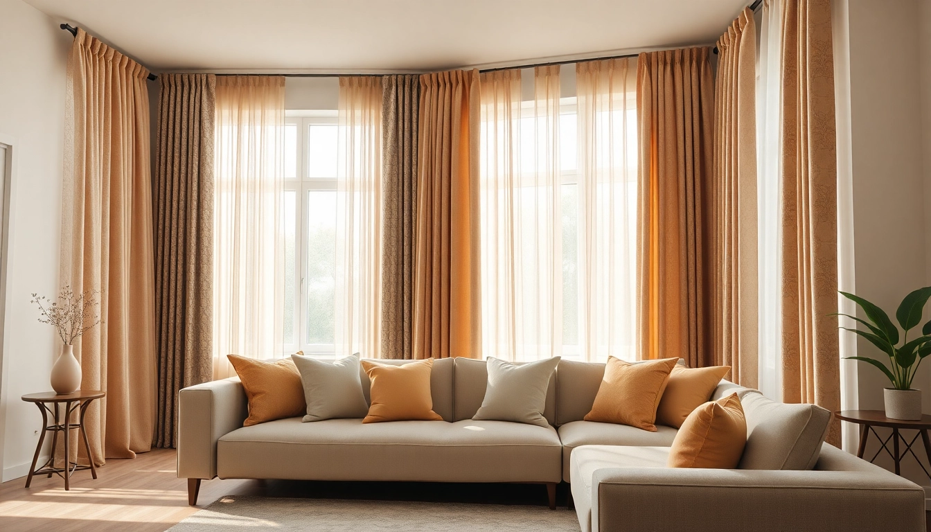 Aanbieden van gordijnstof kopen online met verschillende texturen in een moderne woonkamer.