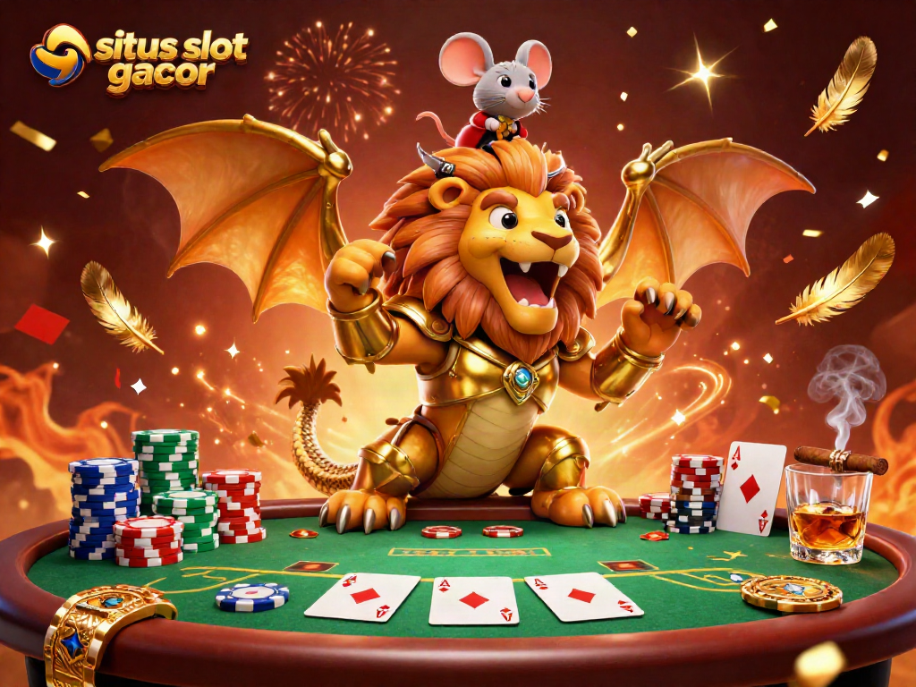 Experience the excitement of situs slot gacor with a dynamic 3D casino scene featuring a victorious chimera and poker elements.