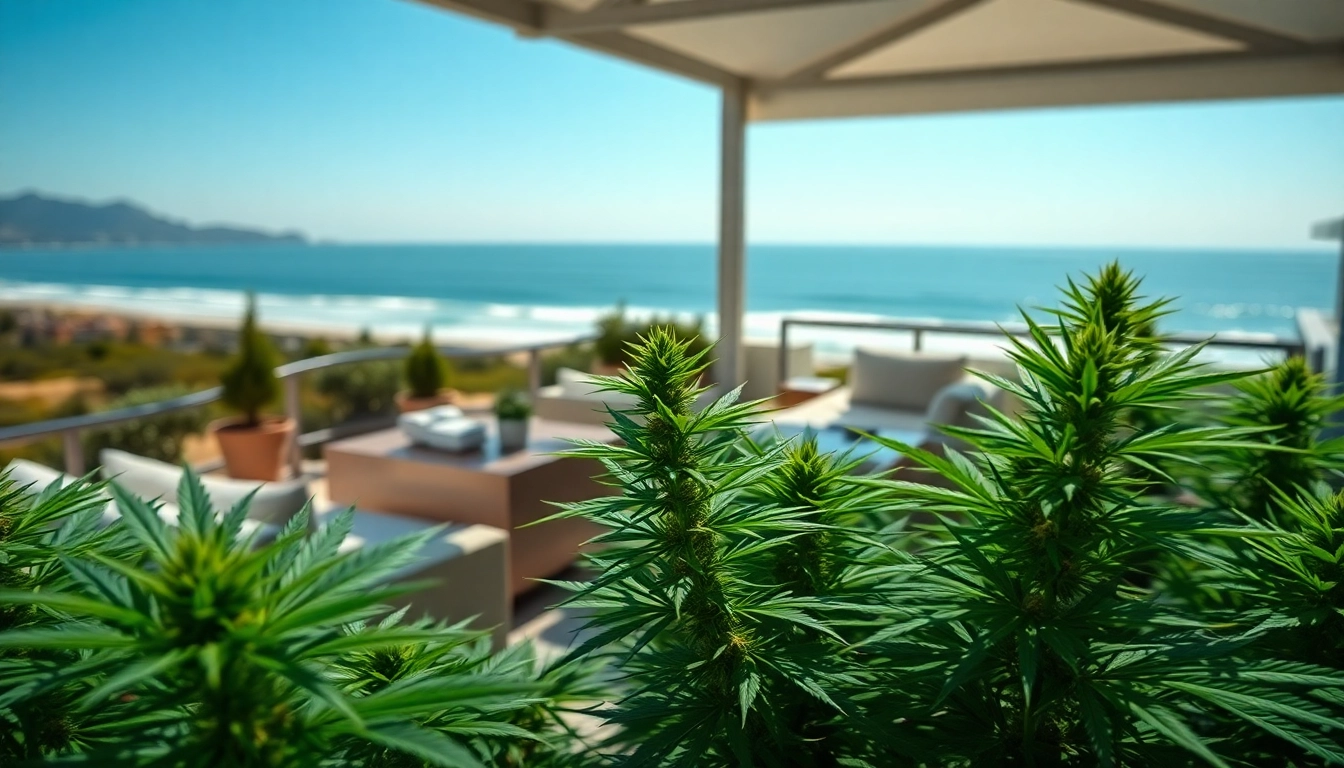 Enjoy a vibrant experience at the Costa Brava Cannabis Club with lush plants and a Mediterranean backdrop.