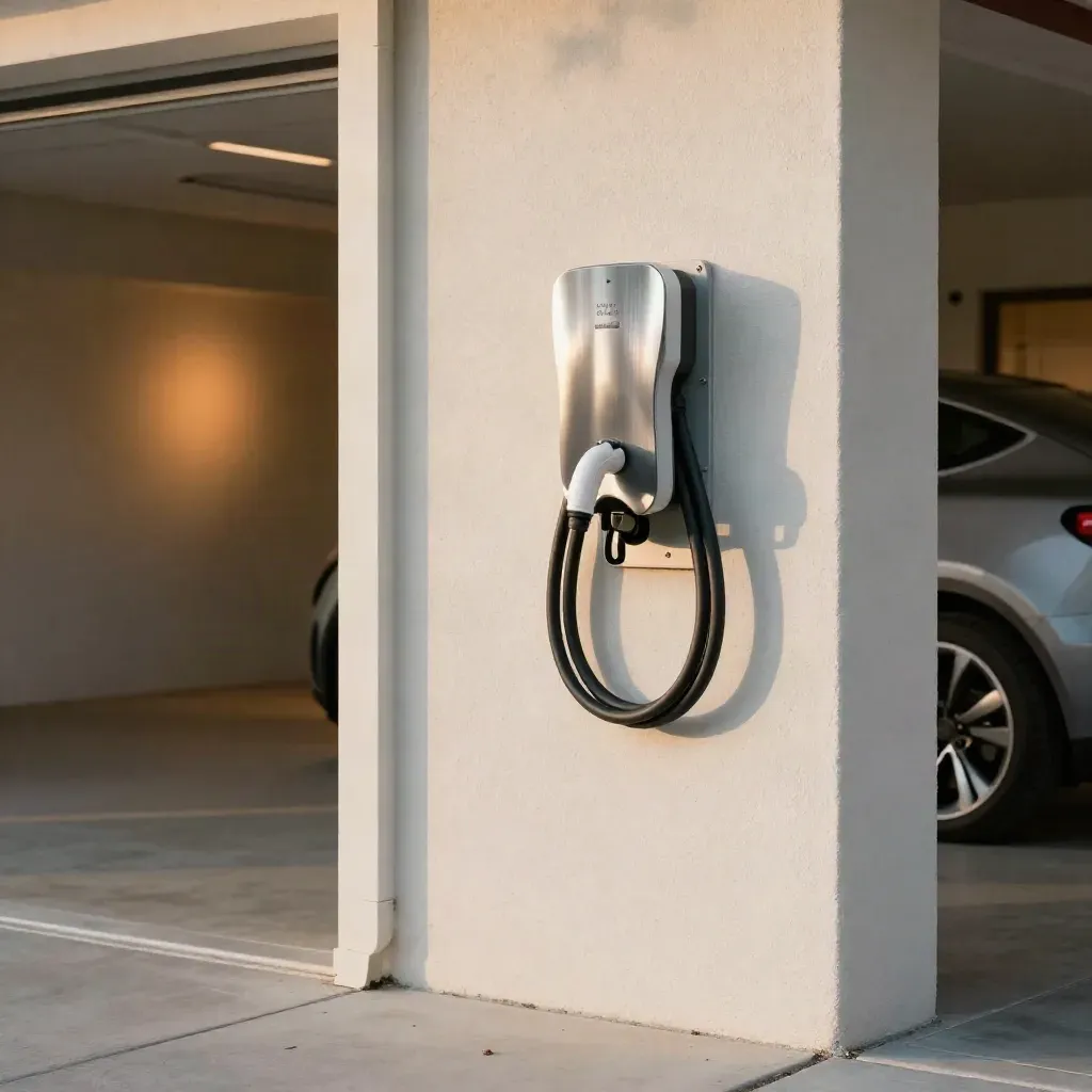White home EV charger beside service panel, conduit, and coiled cable on a garage wall