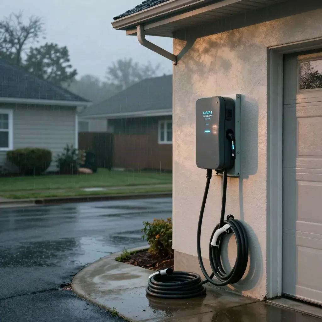 Wet townhouse garage EV charger installation with glowing status light and rain-dark reflections