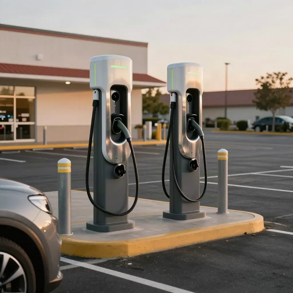 Two commercial EV chargers on a retail parking island with bollards and fresh striping