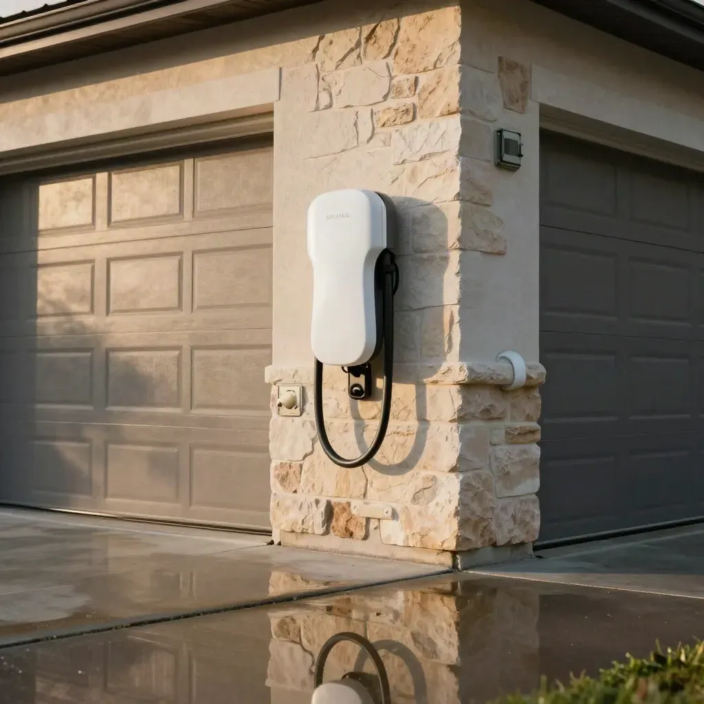 Finished EV charger on a limestone townhouse garage wall, reflected in a wet driveway at dusk.